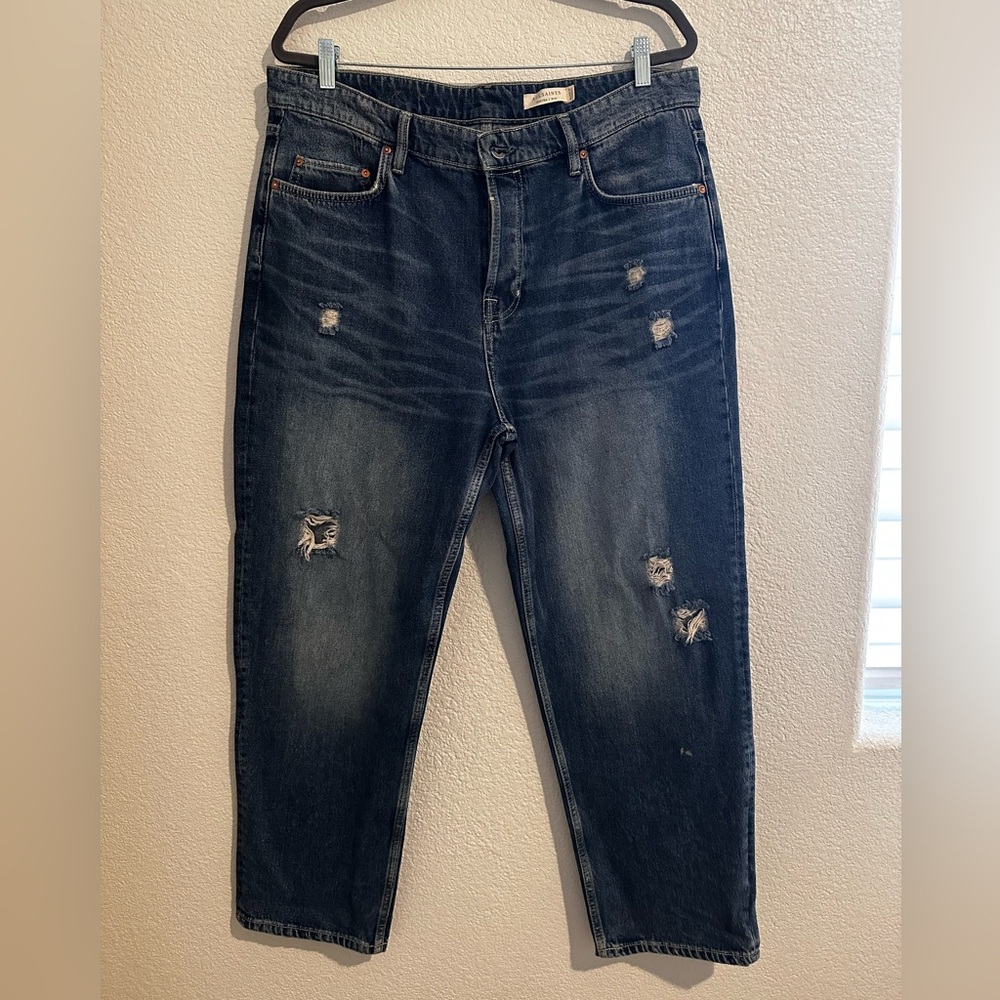 All Saints Blue Relaxed Jeans with Vintage Distressing